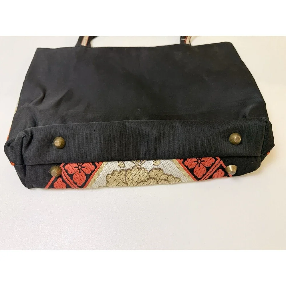Vintage Silk Tote Bag Purse Japan Black Gold Floral One of a Kind VTG